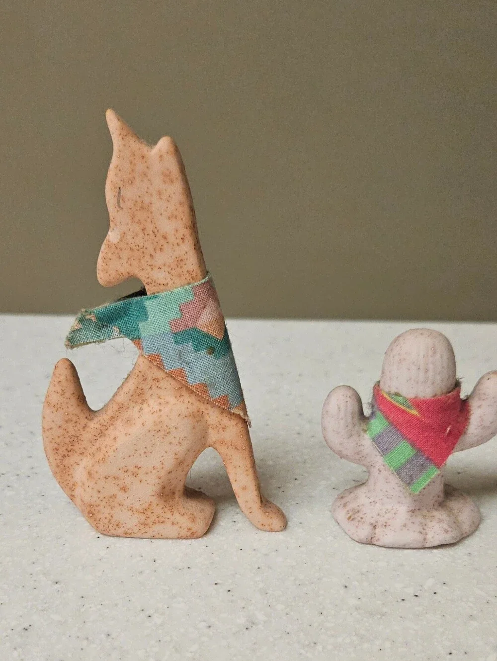 Vintage 90s Porcelain Sand Painted Wolf and Cactus Figurines